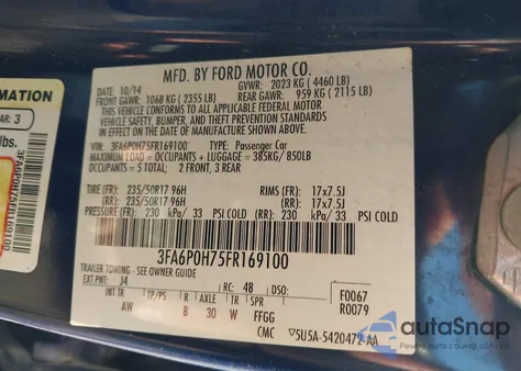 2015 Ford Fusion Se from USA, damaged, VIN 3FA6P0H75FR169100
